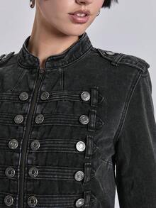 ACID BLVD Spring/SummerblackVintage Distressed Denim Jacket With Nautical Punk Metal Buckle Closure - Black - View 2
