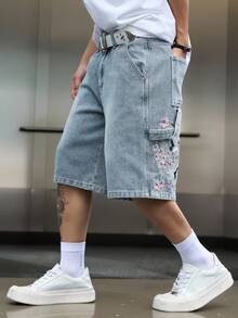Manfinity EMRG 男士街頭風休閒刺繡藍色牛仔短褲 - 淺色水洗藍 - 查看 7