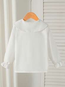 SHEIN Elladie kids 女童時尚甜美可愛領口白色荷葉邊長袖襯衫，學院風百搭上衣，適合日常優雅休閒穿著與校園秋季穿搭 - 白色 - 查看 3