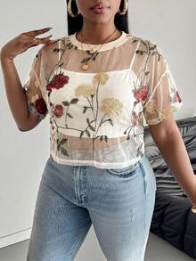 SHEIN PETITE CURVE 夏季度假女款花卉刺繡時尚上衣，女士性感荷葉邊飾，透視落肩圓領寬鬆多彩滿版印花，花卉植物女上衣，春/夏，休閒日常穿著 - 米色 - 查看 4