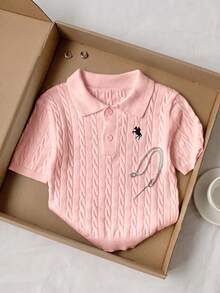 Comfortcana 女款騎士刺繡鈕扣半開襟短袖針織上衣 - 粉色 - 查看 6