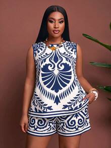 Slaydiva 新款夏/秋大尺碼女款無袖圓領A字上衣與鬆緊腰短褲2件組/度假/假期/波西米亞/休閒/西式/波西米亞圖案 - 彩色 - 查看 4
