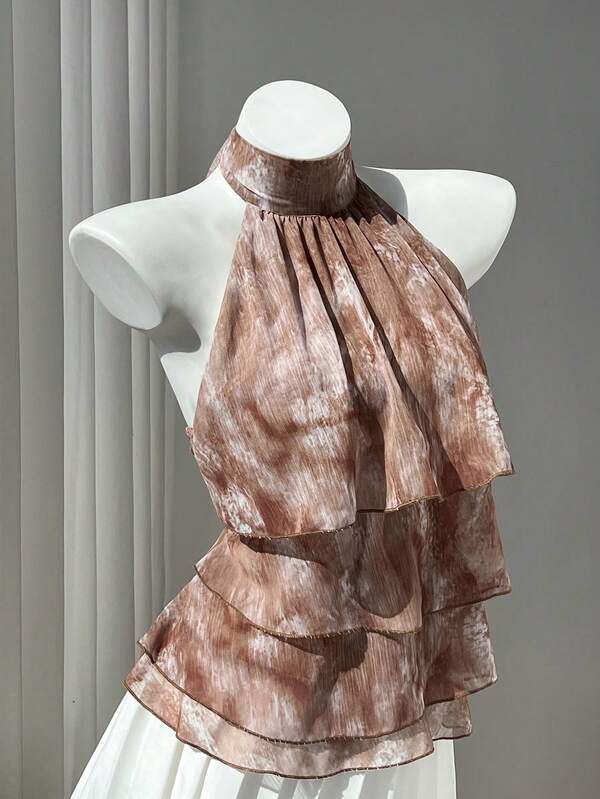 Elamini Women's Spring/Summer Casual Vacation Style Ruffle Trim Patchwork 4-Layer Chiffon Polka Dot Print Fabric Elegant Slimming Ruched Fitted Beach Outfit Tie-Front Blouse