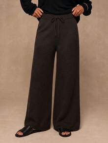 Freevana Women's Plus Size Brown Solid Color Knit Pants With Drawstring, Elastic Waist, Casual Daily Wear For Home And Outings, Autumn/Winter - Brown - View 8
