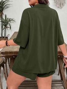 SHEIN VCAY 大尺碼女款純色上衣與短褲休閒日常兩件套 - 軍綠色 - 查看 2