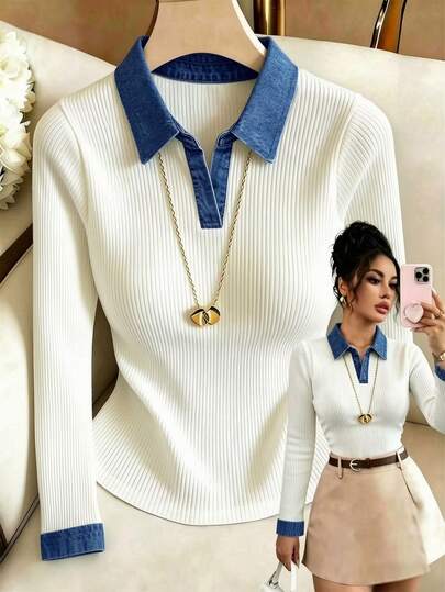 SHEIN Franclia Women's Elegant Casual Retro Hot Girl White Ribbed Knit Polo Shirt Blue Trim Collar Cuff V Neck Slim Fitted Long Sleeve Daily Club Layering Tops