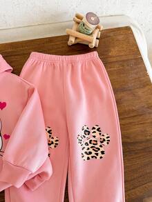 SHEIN Kids Young Girl Girls Cartoon Rabbit & Leopard Print Knit Soft Hooded Sweatshirt And Relaxed Fit Pants Set - Pink - View 4