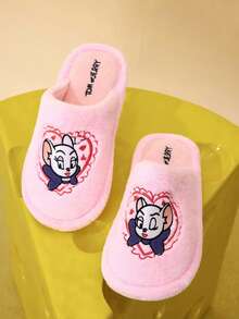 TOM & JERRY X Joivida 1雙粉色毛絨拖鞋，手工刺繡平底防滑室內鞋，適合女性，適合學生宿舍、冬季、辦公室地毯、居家使用，生日或週年紀念的甜蜜禮物 - 粉色 - 查看 5