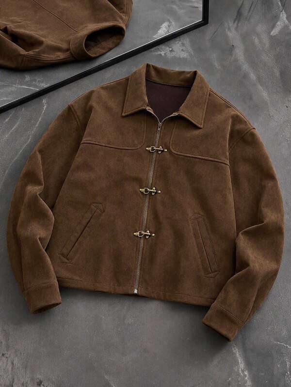 AXEPEAK Men's Solid Color Airplane Buckle Design Long Sleeve Casual Jacket