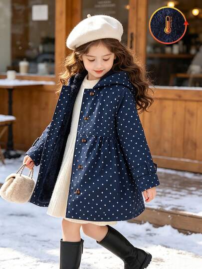 SHEIN Elladie kids Girls' Winter Coat, Classic Navy Blue Polka Dot Thermal Lined Hooded Double-Breasted Fashion Jacket, Suitable For Daily Casual Campus Style Retro Outfit