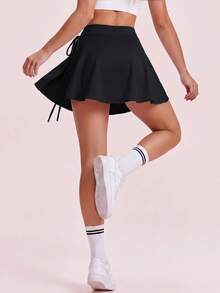 SHEIN Sovereign Charm Women's Casual Black High-Waisted Athletic Skirt,Slit, Lace-Up, Pocketed Skirt - Black - View 3