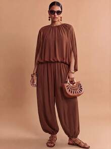 Zivah New Summer Vacation Red-Brown Chiffon Loose-Fitting Pleated Batwing Slit Sleeve Top + Jogger Lantern - Rust Brown - View 10