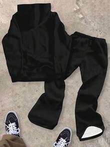 SHEIN Tween Boy 秋季新品，休闲简约风格，涂鸦手绘星星字母图案，运动街头风，Y2K 超大连帽衫喇叭裤两件套，适合秋冬 - 彩色 - 查看 3