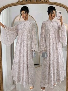Rafferiza Gaun Wanita Gaya Arab, Sari Chiffon Bermotif Gelombang Air Geometris, Kerah Tegak Kecil Longgar Aneka Warna, Lengan Mengembang - Putih - View 6