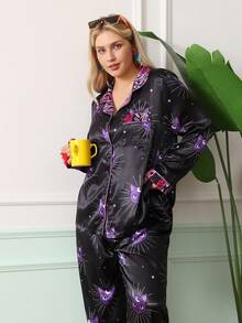 Chillnights Conjunto de pijama joven Moon Cat con bloques de color, estampado de leopardo, patrón geométrico, cuello de solapa, satén, cómodo, talla grande - Negro - Ver 3