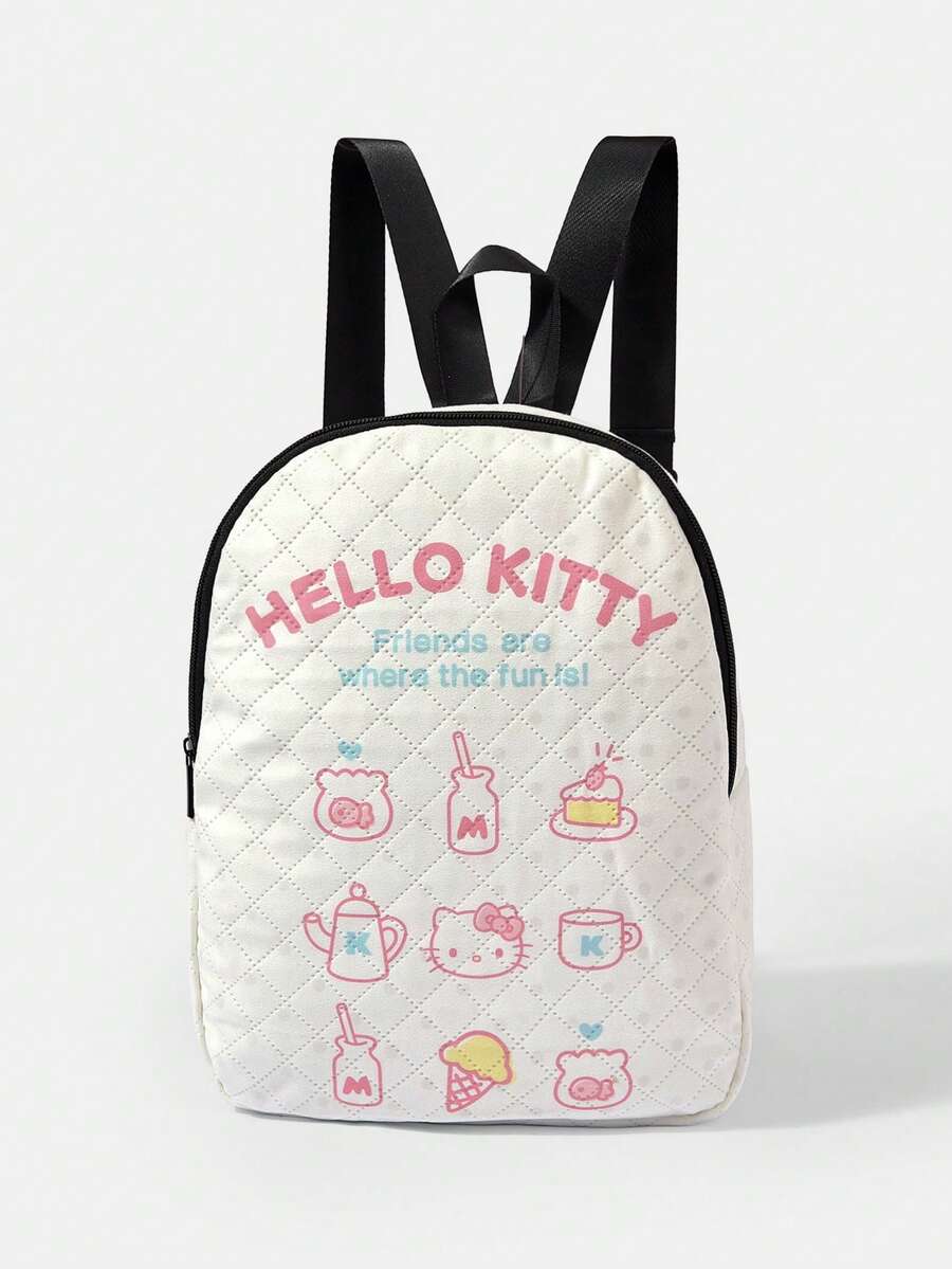 HELLO KITTY AND FRIENDS | SHEIN Off White Quilted Pink Dessert Print Backpack Adjustable Strap Lightweight Student Daypack - Cartoon-2 - View 1