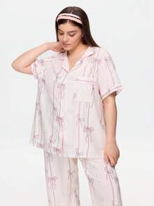 Bonmuse Bow Print Short Sleeve & Long Pants Pajama Set, Plus Size - Apricot - View 5