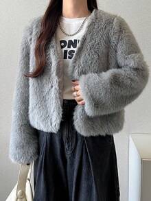 FRIFUL Women's Autumn Grey Short Versatile Faux Fur Jacket - Grey - View 6