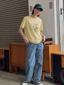 DAZY 夏季新款海灘度假女孩寬鬆休閒印花女款圖案T恤 - 黃色 - 查看 6