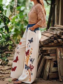 SHEIN LUNE CURVE Women's Plus Size Butterfly Print Long Pants, Casual Bottoms Fall - Multicolor - View 6