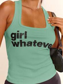 MUSERA Grafisch bedrucktes 'Girl Whatever' Tanktop Weste Gelb Frühling Sommer Urlaub Ferien Ibiza Elegant Lässig Karneval Festival Y2K - Minzgrün - Übersicht 2