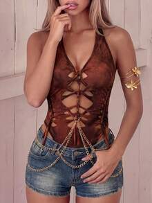 SHEIN ICON 女士串珠夏季套装 波西米亚风度假乡村音乐会套装 扎染交叉露背吊带编织链条装饰连体衣 - 彩色 - 查看 2
