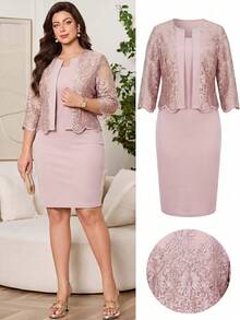 Reflora Plus Size Women's Jacquard 3/4 Sleeve Jacket And Dress Elegant 2 Pieces Set - Dusty Pink - View 5