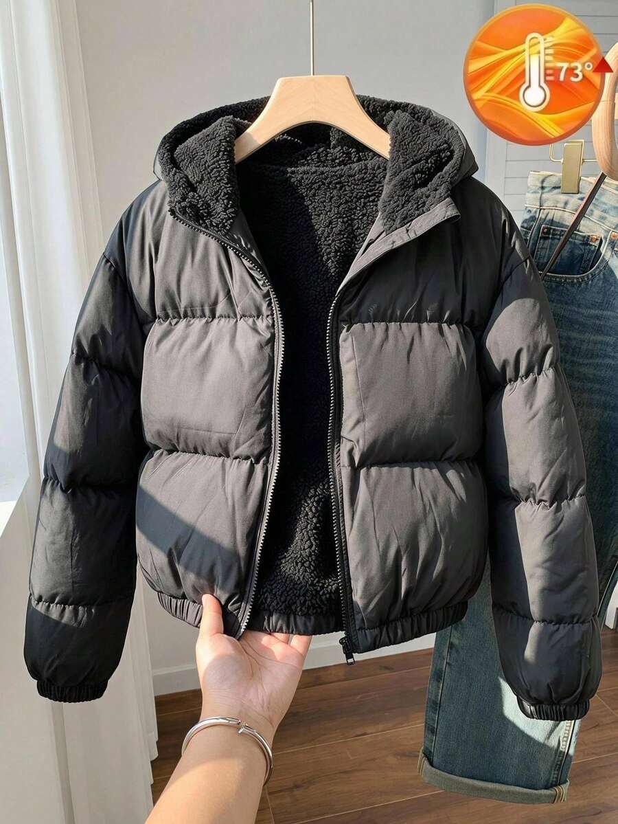 SHEIN 少女連帽加厚棉襖外套，保暖內裡，厚絨內裡，秋冬款 - 黑色 - 查看 1