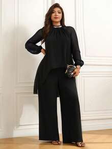 Femmeverse Women's Plus Size Ruched Halter Neck Sequin Patchwork Raglan Long Sleeve 2-Piece Set High Waist Loose Wide Leg Pants Outfit Fall - Black - View 3