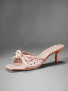 SHUZIA Women's Fashion Comfortable Bow Tie Mesh Kitten Heel Sandals - Apricot - View 2
