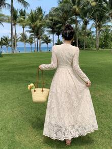 DAZY 精致高档蕾丝系带收腰刺绣连衣裙，柔美韩式优雅减龄中长连衣裙，夏季女装 - 米色 - 查看 11