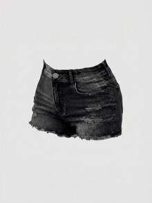 SHEIN Quần short denim mài rách phong cách thường ngày mùa hè cho thiếu nữ - màu đen - Xem 1