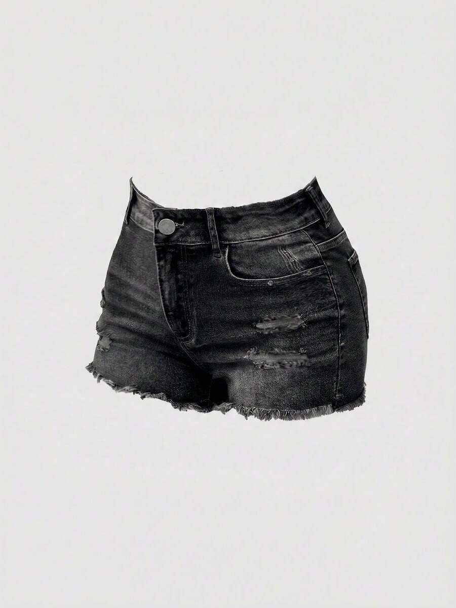 SHEIN Quần short denim mài rách phong cách thường ngày mùa hè cho thiếu nữ - màu đen - Xem 1