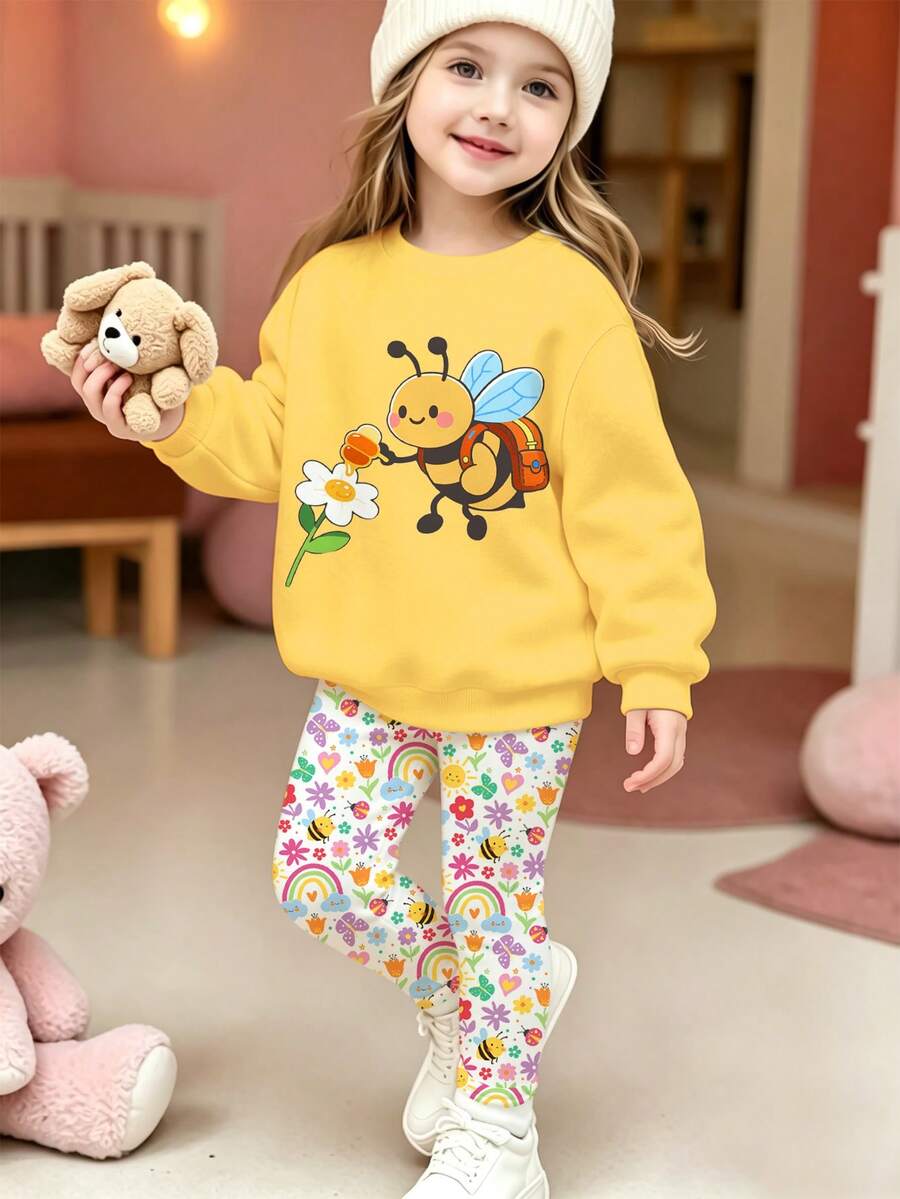 SHEIN 1 Set Young Girls Simple Fairy Tale Style Yellow Honey Bee Print Pullover Sweatshirt & Fitted Long Pants Casual Outfit, All-Over Small Floral Pattern, Suitable For Spring/Autumn Casual Outings, Daily Wear, Gatherings, Photo Shoots, 2-Piece Set For Little Girls - Multicolor - View 1