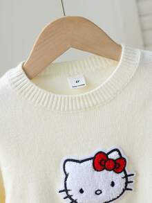 HELLO KITTY AND FRIENDS | SHEIN GraphicGems 女童V領刺繡上衣設計蝴蝶結黑色米色針織毛衣 女孩服飾 舒適柔軟 運動風 百搭多功能 甜美可愛 休閒簡約 日常穿著 適合秋冬旅行出遊派對戶外玩耍 - 杏色 - 查看 7
