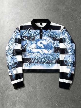 Street Life Men's Contrast Color Striped Angel Print Pullover Sweatshirt