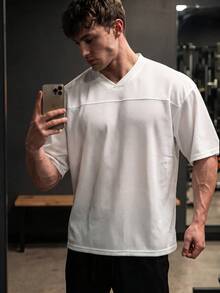 GymBeat 男士純色短袖休閒健身運動T恤，健身房、足球運動，白色 - 白色 - 查看 7