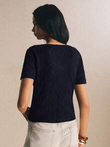 Poéselle 2026新款女款鏤空針織開襟衫－圓領短袖，紋理波波針織 - 藏蓝色 - 查看 2