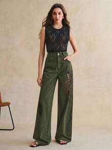Anewsta 女款春夏時尚性感側開衩刺繡情人節浪漫派對度假黑色直筒牛仔褲 - 軍綠色 - 查看 5