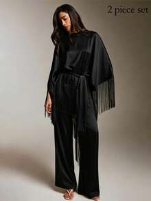 COSMINA Women's Solid Color Tassel Design Top And Pants Casual Daily Set - Black - View 4