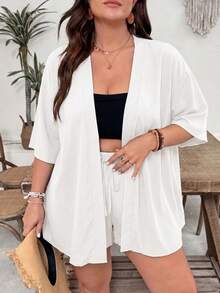 SHEIN VCAY Plus Size Women Solid Color Mid-Sleeve Top And Shorts Casual Daily 2 Pieces Set - White - View 3