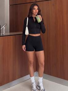 Dewbera Dewbera 1pc Women's Black Zip-Up Long Sleeve Shorts Two-Piece Swimsuit Set - Black - View 5
