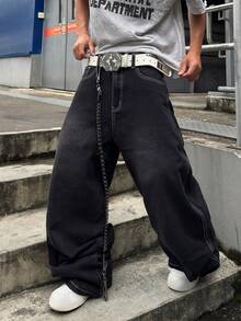 STEELVANCE Street Style Retro Fashion Versatile Distressed Washed Embroidered Design Loose Straight Leg Wide Leg Casual Denim Jeans (Belt And Accessories Not Included) - Black - View 5