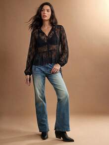 WESTFADE Top de manga larga con cuello alto, lazo delantero, volantes y peplum de malla transparente con lunares, estilo lindo para otoño - Negro - Ver 5