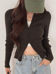 DAZY Women's Solid Color Slim Fit Long Sleeve Round Neck Zipper Casual Vacation Spring Autumn Knit Cardigan - Grey - View 1