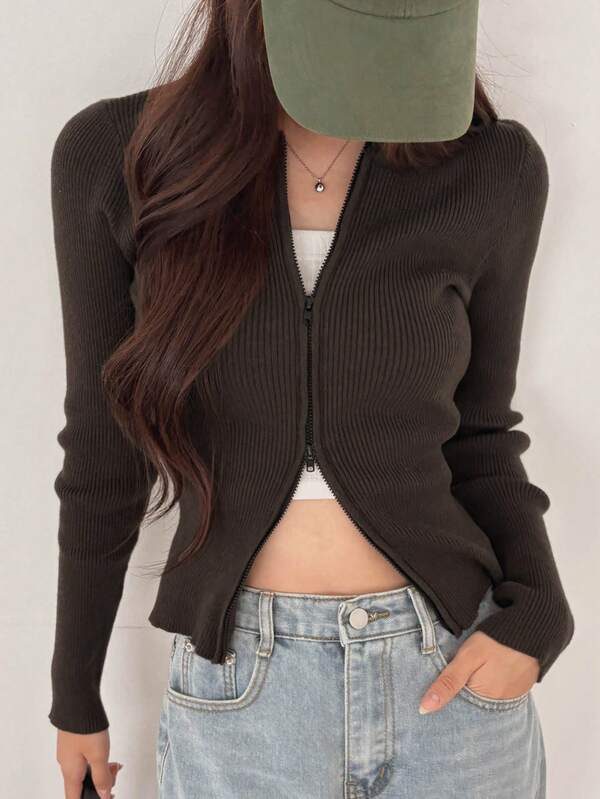 DAZY Women's Solid Color Slim Fit Long Sleeve Round Neck Zipper Casual Vacation Spring Autumn Knit Cardigan
