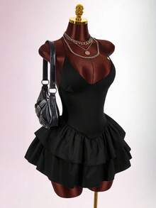 Amplova Women's Solid Color Ruffle Hem Sexy Spaghetti Strap Mini Dress - Brown - View 6