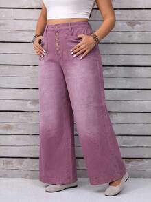 EMERY ROSE Plus Size Women Loose Button Front Wide Leg Casual Jeans - Dusty Pink - View 9