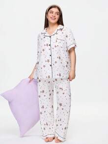 Bonmuse Plus Size Bubble Crinkle Star Print Lapel Short Sleeve Pajama Set Star Print Pajamas Cute Pajama Set For Women Comfy Pajamas Set Women's Sleepwear - White - View 7
