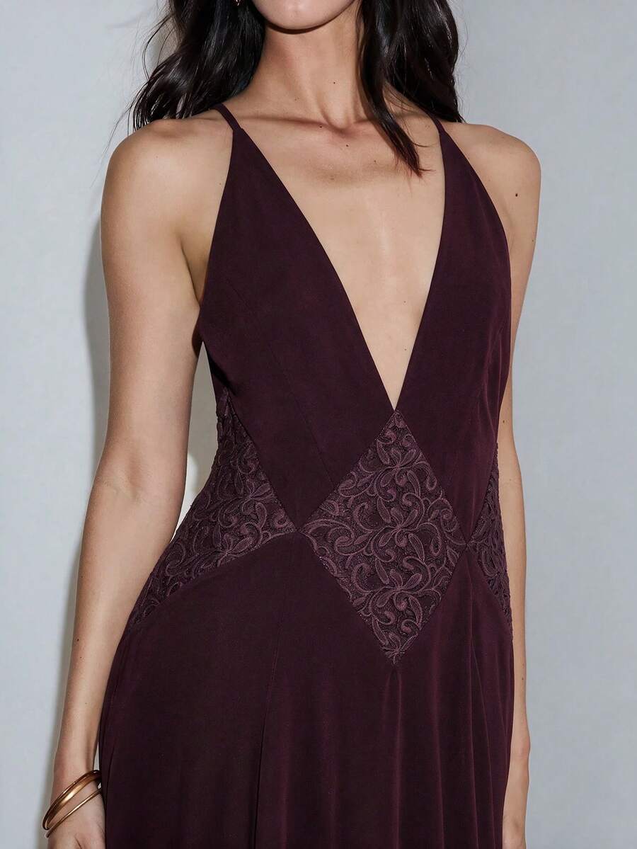 MOTF PREMIUM VACATION LACE PATCHWORK CINCHED WAIST FITTED DRESS SPRING SUMMER - Burgundy - View 2